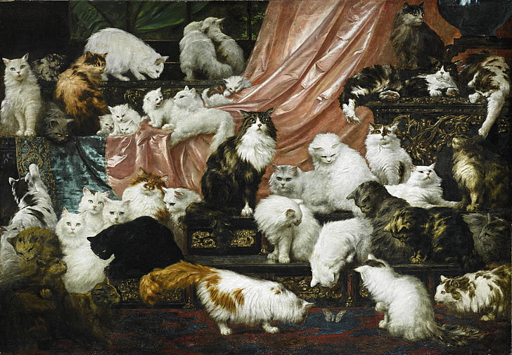 cats, picture, painting, Carl Kahler, 42 cat, &quot;the Lovers of my wife&quot;, 1891, HD wallpaper