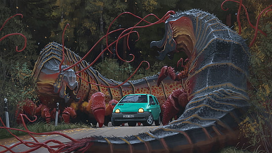 Teal hatchback 5 pintu, Simon Stålenhag, karya seni, Renault Twingo, Wallpaper HD HD wallpaper