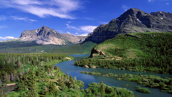 водное пространство рядом с лесом, пейзаж, природа, лето, река, Монтана, лес, горы, вода, HD обои