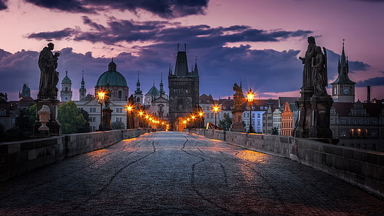 カレル橋、プラハ、チェコ共和国、夕暮れ、橋、ヨーロッパ、夕方、チェコ、 HDデスクトップの壁紙 HD wallpaper