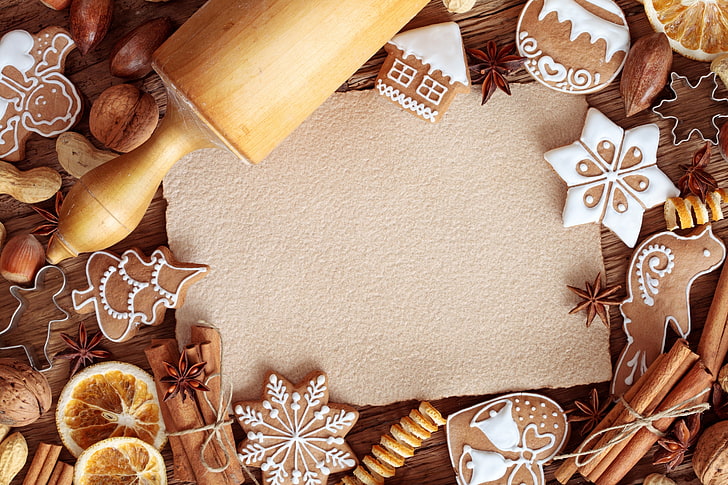brown rolling pin, Christmas, cake, table, paper, sheet, HD wallpaper