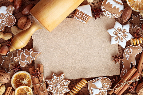 brown rolling pin, Christmas, cake, table, paper, sheet, HD wallpaper HD wallpaper