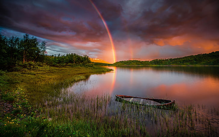 Sunset Rainbow After Rain Lake Boat Forest Trees Sky With Red Clouds Landscape Hd Wallpaper Download For Desktop Mobile And Tablet 3840×2400, HD wallpaper