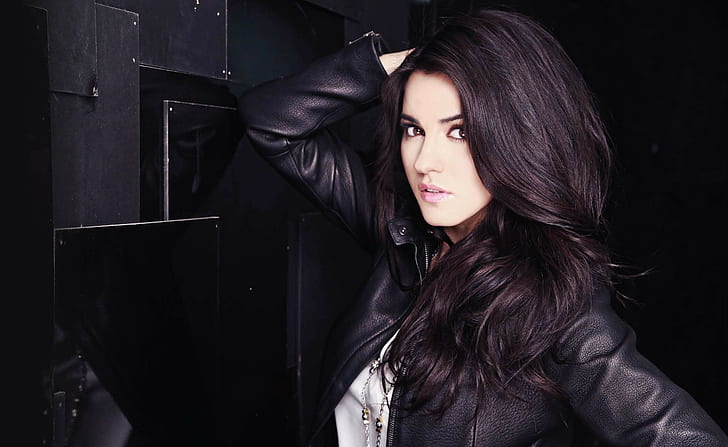 Maite Perroni, brunette, Latinas, women, leather clothing, jacket, hands on head, actress, mexican model, leather jackets, long hair, brown eyes, women indoors, looking at viewer, black jackets, Mexican, pink lipstick, open jacket, HD wallpaper