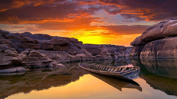 reflection, wreck, sky, river, asia, sunset, mekong, cloud, thailand, rock, canyon, evening, siam, landscape, calm, HD wallpaper