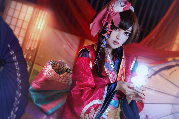 look, girl, light, red, face, pose, style, lights, background, portrait, hands, makeup, brunette, hairstyle, costume, outfit, image, kimono, Asian, bow, cutie, character, cosplay, HD wallpaper