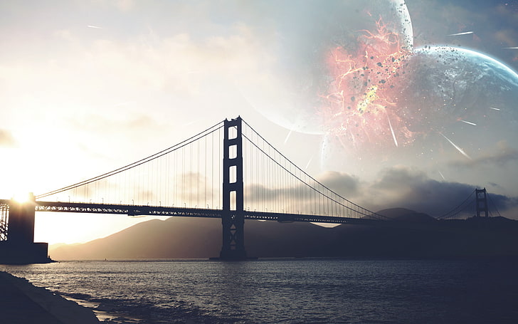 Himmel, Fankunst, digitale Kunst, Planet, Golden Gate Bridge, Hängebrücke, Vadim Sadovski, Fantasiekunst, Wasser, HD-Hintergrundbild
