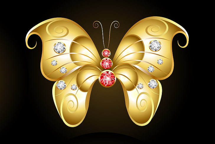 золотая бабочка, иллюстрация, темный фон, абстракция, бабочка, галька, золото, HD обои
