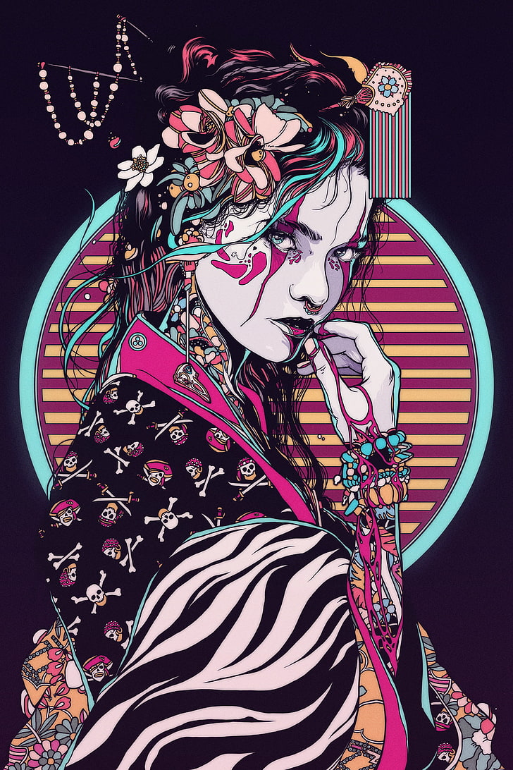 Conrado Salinas, wanita, geisha, kimono, karya seni, ilustrasi, seni digital, septum tajam, memandang penonton, lingkaran, tengkorak, dan tulang, Wallpaper HD, wallpaper seluler