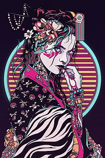 Conrado Salinas, wanita, geisha, kimono, karya seni, ilustrasi, seni digital, septum tajam, memandang penonton, lingkaran, tengkorak, dan tulang, Wallpaper HD HD wallpaper