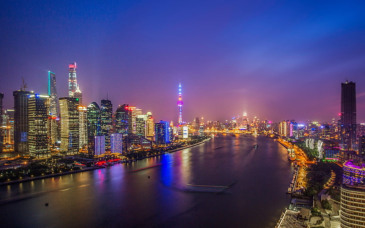 Шанхайская река Хуанпу Lujiazui Ночная точка зрения, HD обои