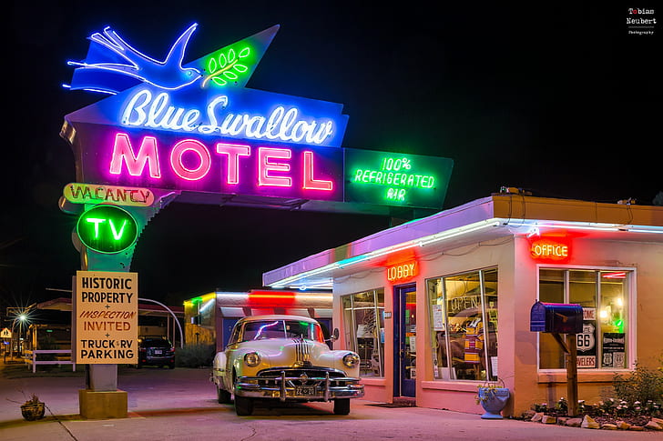 Segnaletica a luce al neon Blue Swallow Motel, anni '80, vintage, Sfondo HD