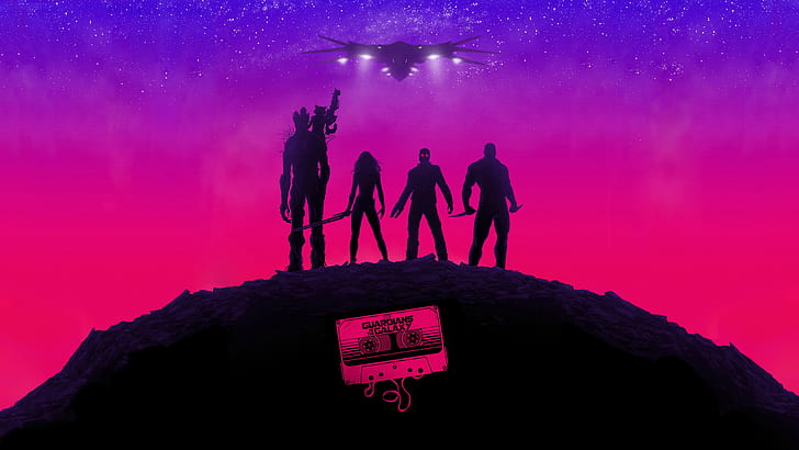 Хранители галактики Marvel Stars Purple Pink Cassette Tape Spaceship HD, постер супергероев, кинофильмы, звезды, пурпурный, розовый, чудо, галактика, космический корабль, стражи, кассета, лента, HD обои