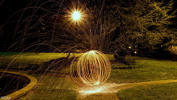 brown and black feather decor, light painting, lights, night, sphere, sparks, nature, grass, HD wallpaper