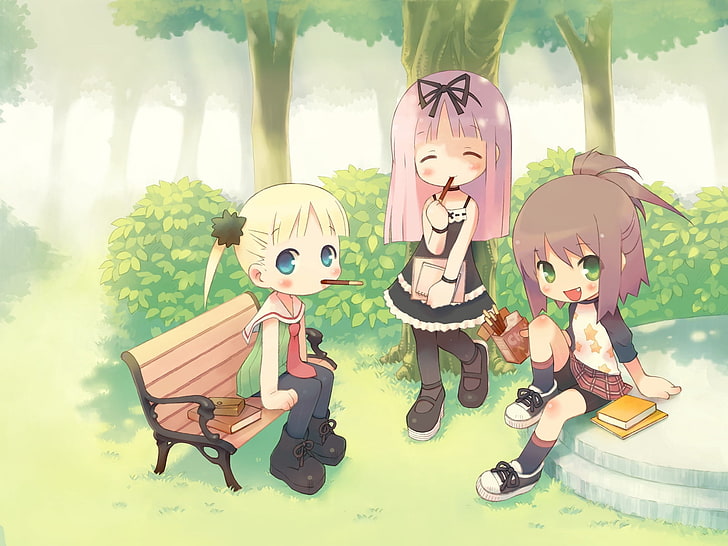 three female anime characters illustration, gayarou, himemiya ruri, hoshino erika, suzumura azami, girl, park, bench, HD wallpaper