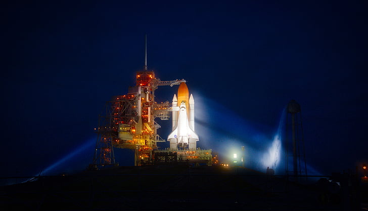 white and orange rocket lift off during night time, Space Shuttle, Kennedy Space Center, NASA, Florida, HD, 5K, HD wallpaper