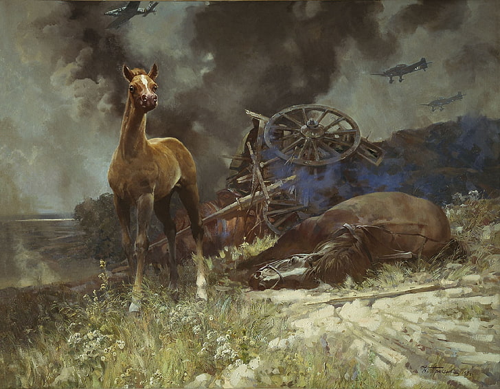 cavallo marrone dipinto, guerra, figura, puledro, N. Prisekin, 