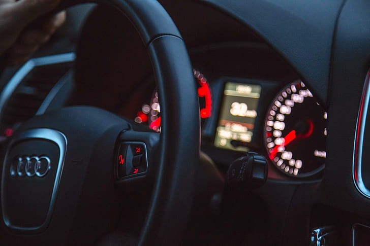 audi, black, car, driving, luxury, speedo, speedometer, steering wheel, tachometer, HD wallpaper