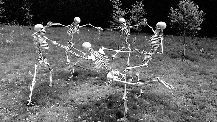 skelett, dans, grå, svartvit, humor, mörk humor, skalle, ben, HD tapet