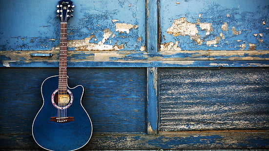 gitar, dinding, biru, vintage, fotografi, alat musik, harmoni, alat musik dawai, gitar akustik, Wallpaper HD HD wallpaper