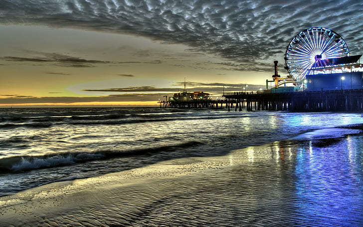 Santa Monica Pier At Dusk, beach, oier, amusementr park, pier, nature and landscapes, HD wallpaper