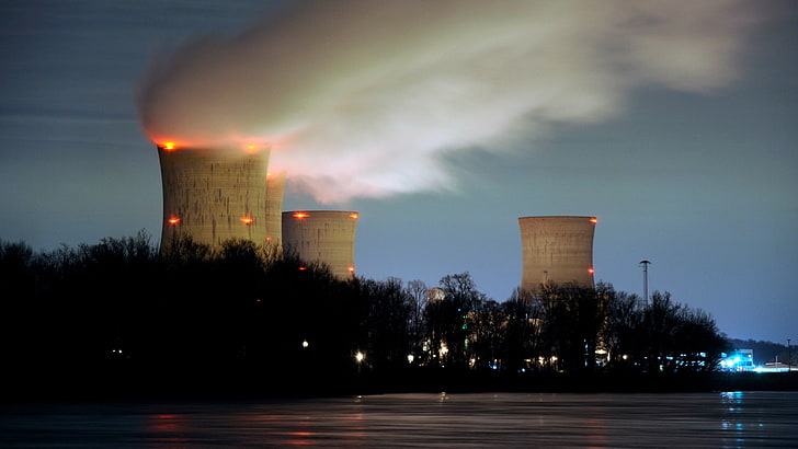 four white industrial machines, nuclear power plant, smoke, power plant, cooling towers, environment, trees, long exposure, lights, water, evening, HD wallpaper