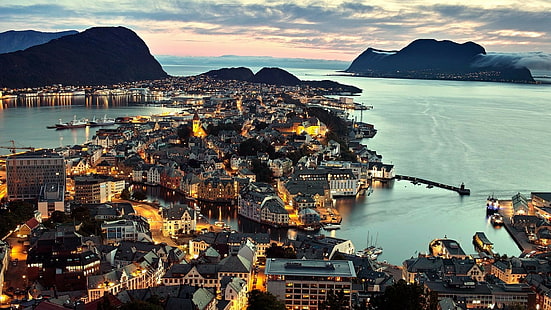 النرويج ، السماء ، الأضواء ، المدينة ، أليسوند، خلفية HD HD wallpaper