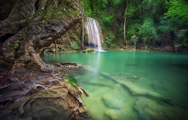 photo of waterfalls, waterfall, forest, roots, Thailand, tropical, trees, green, nature, landscape, HD wallpaper