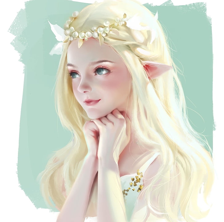 Fairy, elf, blonde, flower, za, wreath, luminos, cute, fantasy, girl, portrait, HD wallpaper