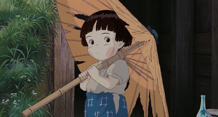 Grób świetlików, anime, Studio Ghibli, dzieci, sztuka japońska, japońskie znaki, animowana dziewczyna, dziewczyny anime, parasol, parasol, Tapety HD