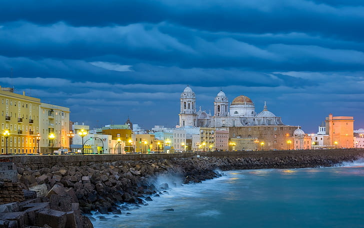 Cádiz, Andalucía, España, foto de paisaje de la mezquita, Cádiz, Andalucía, España, Golfo de Cádiz, terraplén, Edificios, Catedral, Nube, Fondo de pantalla HD