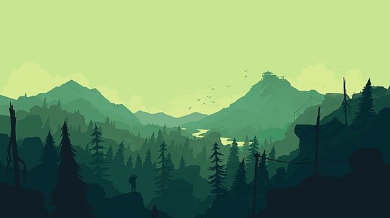 Firewatch, зелен, гора, планини, минимален, 4K, HD тапет HD wallpaper
