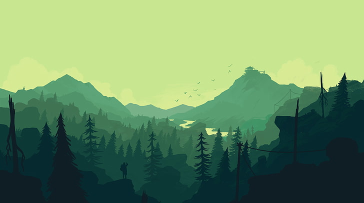 Berge, Feuerwache, Grün, Wald, 4 K, Minimal, HD-Hintergrundbild