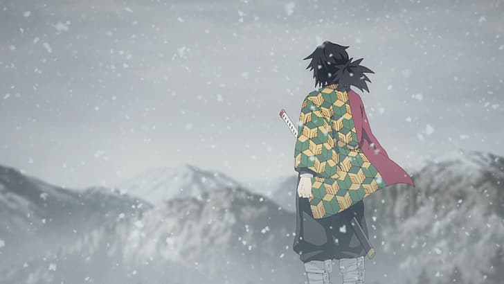 อะนิเมะ Anime screenshot Kimetsu no Yaiba Kamado Tanjiro Giyu Tomioka (Kimetsu no Yaiba) Tomioka Giyuu พระอาทิตย์ตก ธรรมชาติ หิมะ เดือนเสี้ยว ดวงจันทร์ อะนิเมะชาย, วอลล์เปเปอร์ HD