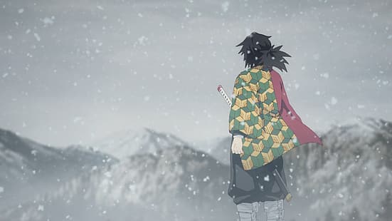 อะนิเมะ Anime screenshot Kimetsu no Yaiba Kamado Tanjiro Giyu Tomioka (Kimetsu no Yaiba) Tomioka Giyuu พระอาทิตย์ตก ธรรมชาติ หิมะ เดือนเสี้ยว ดวงจันทร์ อะนิเมะชาย, วอลล์เปเปอร์ HD HD wallpaper