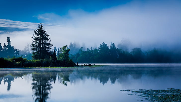 Езеро, мъгла, природа, пейзаж, синьо, спокойствие, сутрин, дървета, езеро, мъгла, природа, пейзаж, син, спокоен, сутрин, дървета, 2800x1575, HD тапет