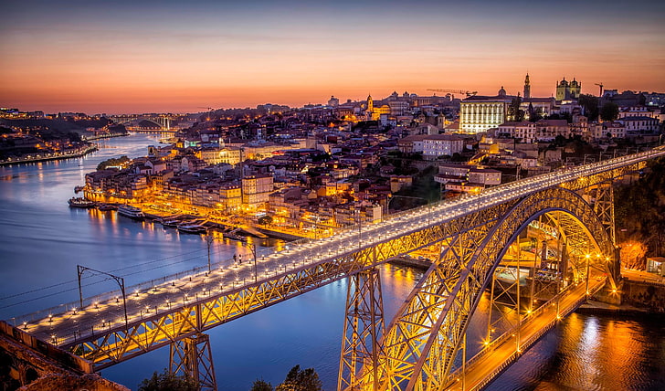 ponte, luci, fiume, casa, panorama, Portogallo, Oporto, Sfondo HD