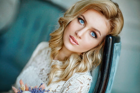 женщины, блондинка, лицо, портрет, голубые глаза, глубина резкости, Дарья Германовна, HD обои HD wallpaper