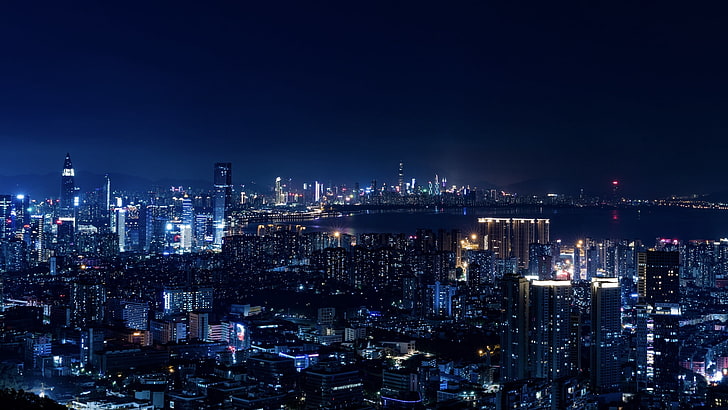 都市の建物、夜、街の明かり、大都市、青、 HDデスクトップの壁紙