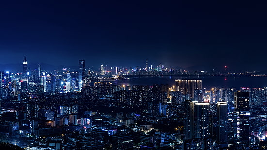 edifícios da cidade, noite, luzes da cidade, metrópole, azul, HD papel de parede HD wallpaper