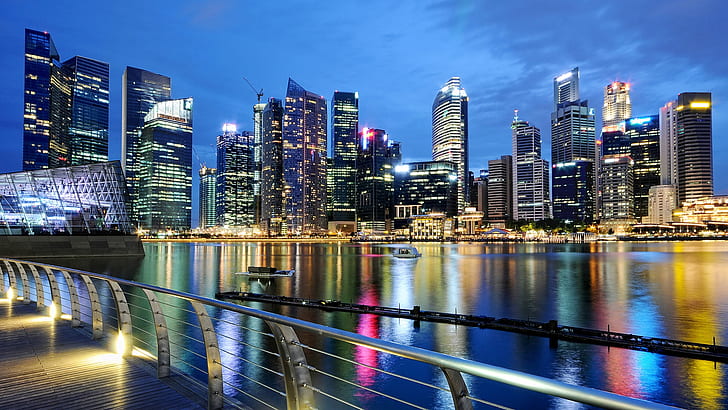 سنغافورة خلفية جميلة عالية الدقة مدينة الليل ليلة مظلمة ضوء المباني المائية، خلفية HD