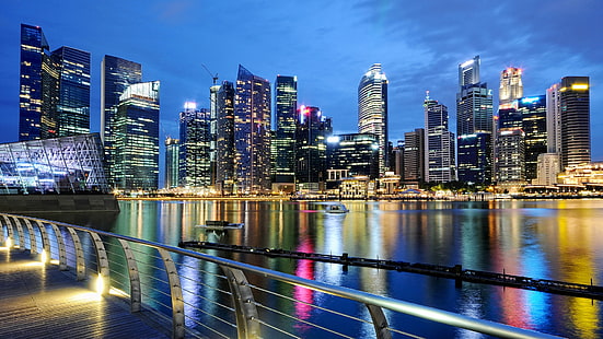 سنغافورة خلفية جميلة عالية الدقة مدينة الليل ليلة مظلمة ضوء المباني المائية، خلفية HD HD wallpaper