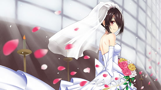träffa en levande, tokisaki kurumi, brud, bröllopsklänning, leende, kronblad, blombukett, anime, HD tapet HD wallpaper