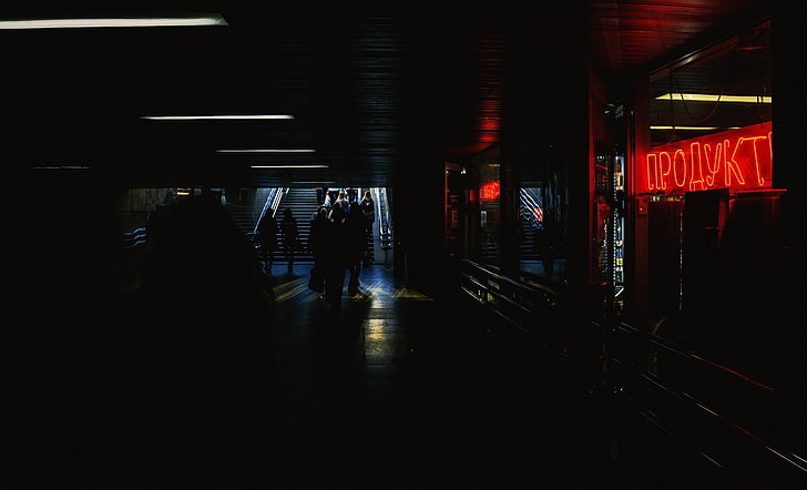 night, city, dark, subway, underground, stairs, black, red, HD wallpaper