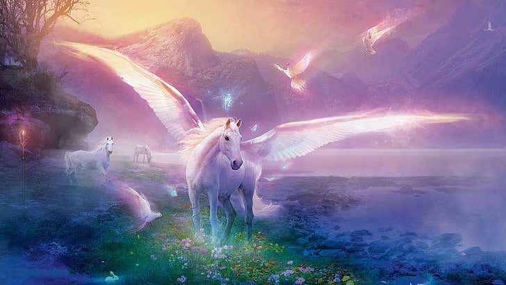пегас, лошадь, магия, фэнтези, цветы, фиалка, горы, птицы, мечта, страна грез, HD обои