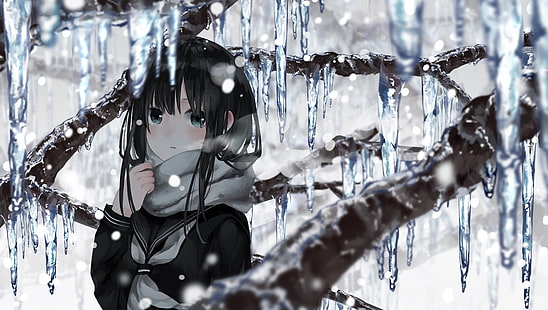 ice, anime girls, scarf, anime, winter, snow, HD wallpaper HD wallpaper