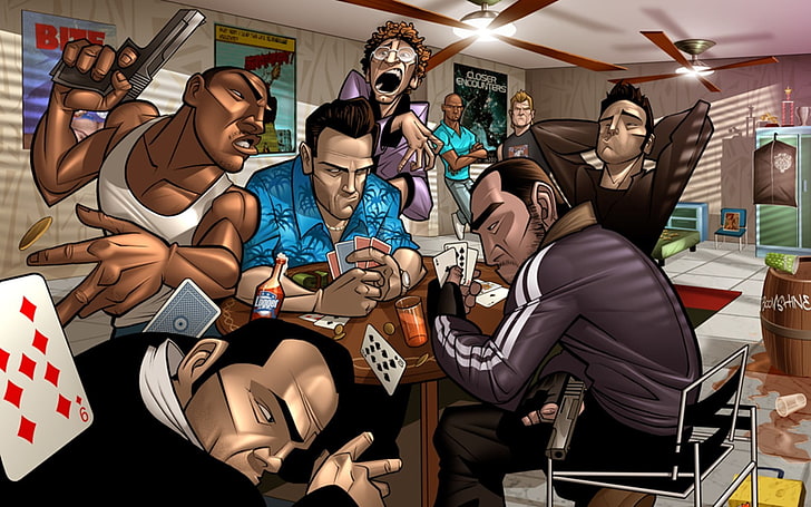 oito homens jogando cartas dentro da barra, Grand Theft Auto, videogame, Grand Theft Auto V, Grand Theft Auto III, Grand Theft Auto IV, Grand Theft Auto Vice City, Grand Theft Auto San Andreas, HD papel de parede