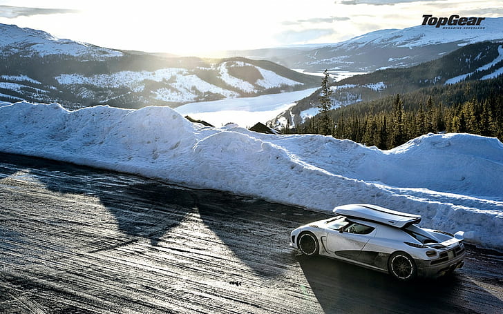 Koenigsegg Agera Top Gear Landscape Winter Snow Sunlight HD, szara koenegsegg agera r, samochody, krajobraz, światło słoneczne, śnieg, zima, bieg, góra, koenigsegg, agera, Tapety HD