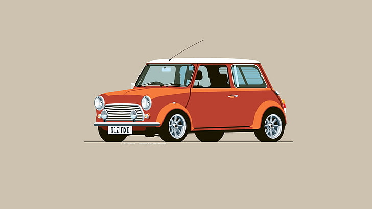 araba, kırmızı araba, Mini Cooper, dijital sanat, minimalizm, basit arka plan, HD masaüstü duvar kağıdı