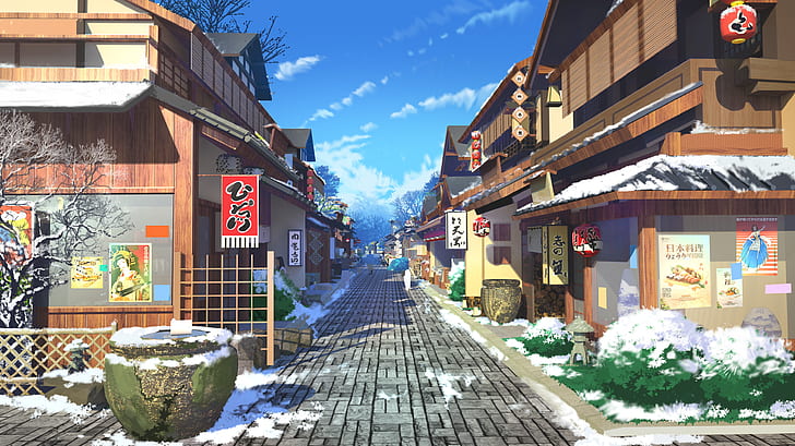 Anime, Original, Casa, Rua, Inverno, HD papel de parede